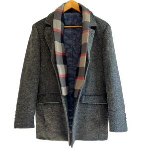 Men's Gray Wool Blend Coat with Detachable Plaid Scarf Sz Large